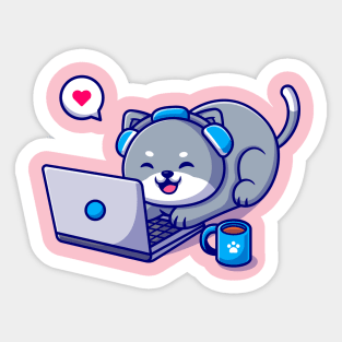 Cute Cat Working On Laptop Cartoon Sticker